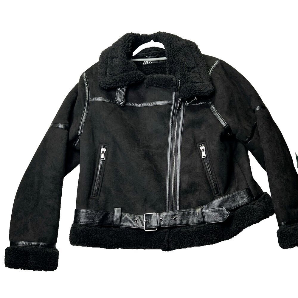 ZARA Women's Black Faux Suede/ Shearling-Lined Zippered Moto Jacket XXL 2XL